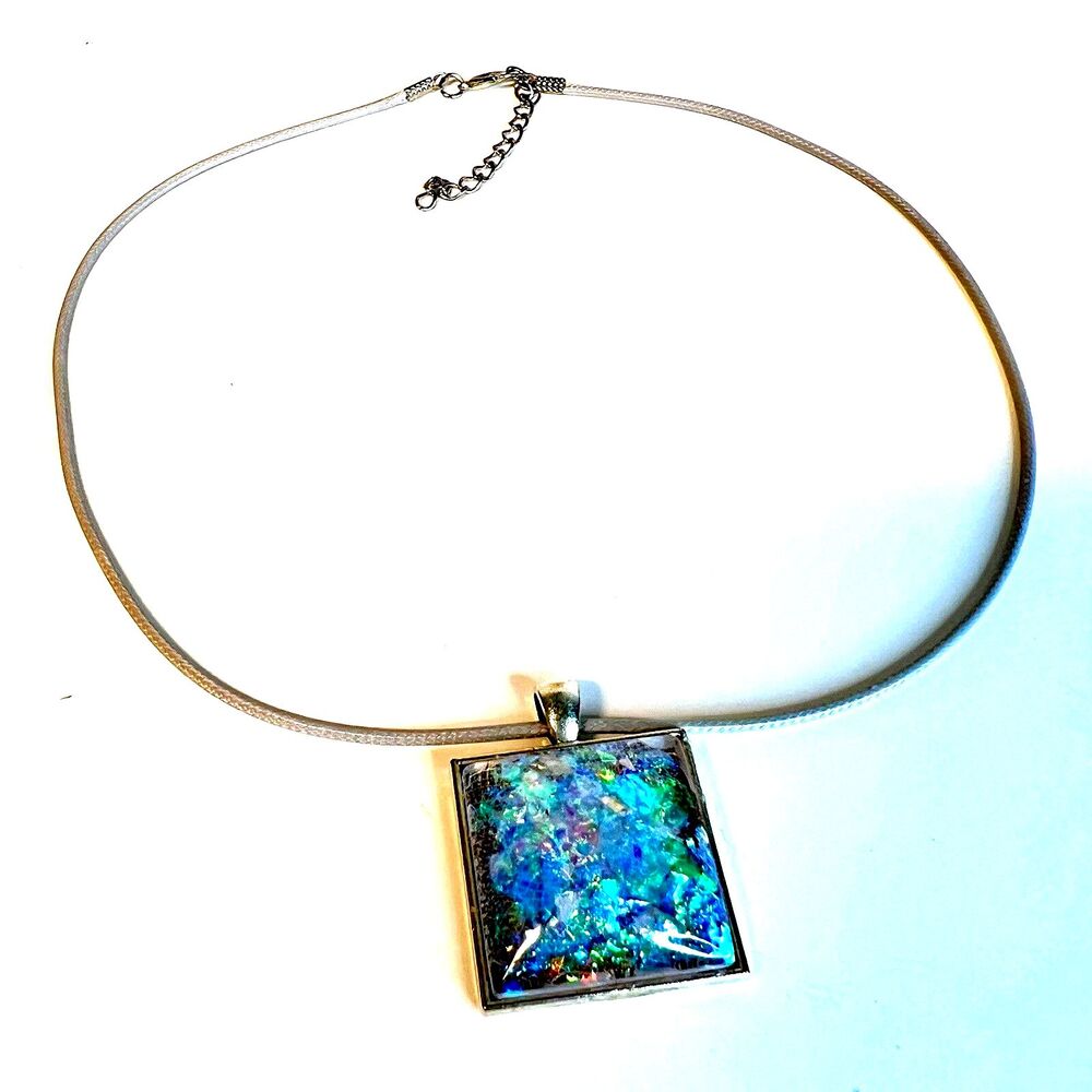 Handmade Resin Pendant Necklace White Iridescent Square Waxed Cord 20" NWT